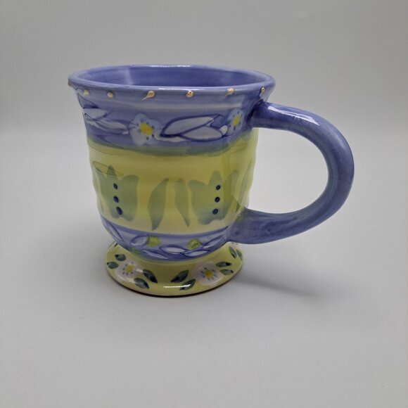 Les Fleurs Coffee Mug Cup Hand Painted Floral Yellow Blue 20 Oz - Picture 2 of 10